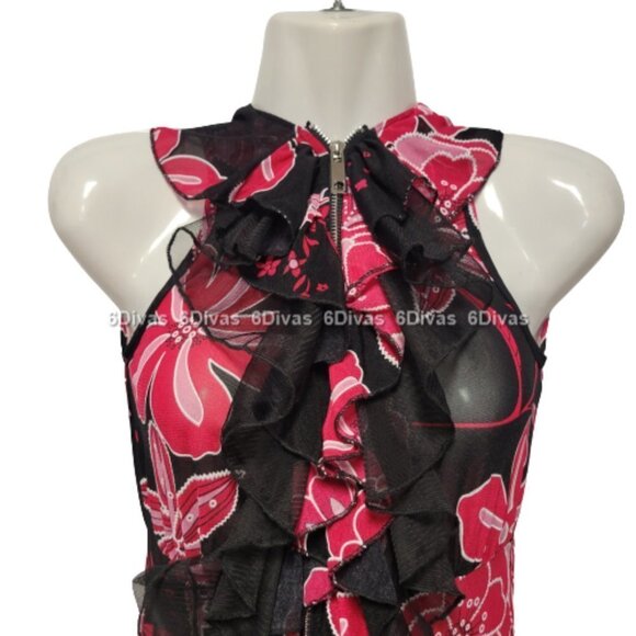 Sheer See Through Red and Black Ruffle Frilly Sleeveless Mini Dress - Picture 8 of 14
